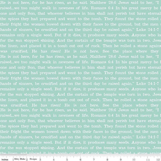 Image of Egg Hunt Empty Tomb Text Aqua quilting cotton fabric by J. Wecker Frisch for Riley Blake Designs. Features words on a blue background. Cute Little Fabric Shop.