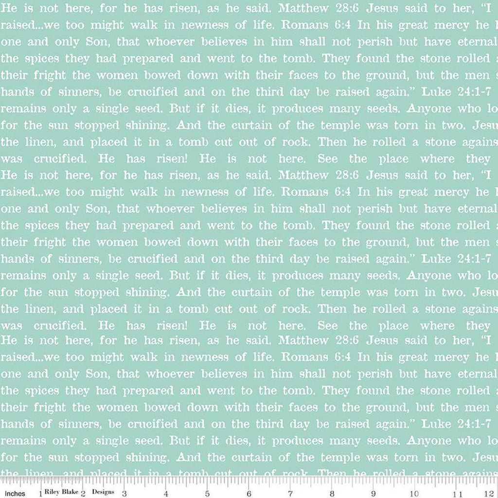 Image of Egg Hunt Empty Tomb Text Aqua quilting cotton fabric by J. Wecker Frisch for Riley Blake Designs. Features words on a blue background. Cute Little Fabric Shop.