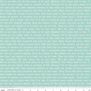 Image of Egg Hunt Empty Tomb Text Aqua quilting cotton fabric by J. Wecker Frisch for Riley Blake Designs. Features words on a blue background. Cute Little Fabric Shop.