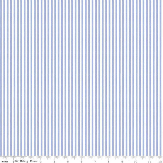 Image of Egg Hunt Stripes Periwinkle quilting cotton fabric by J. Wecker Frisch for Riley Blake Designs. Features stripes on a blue background. Cute Little Fabric Shop.