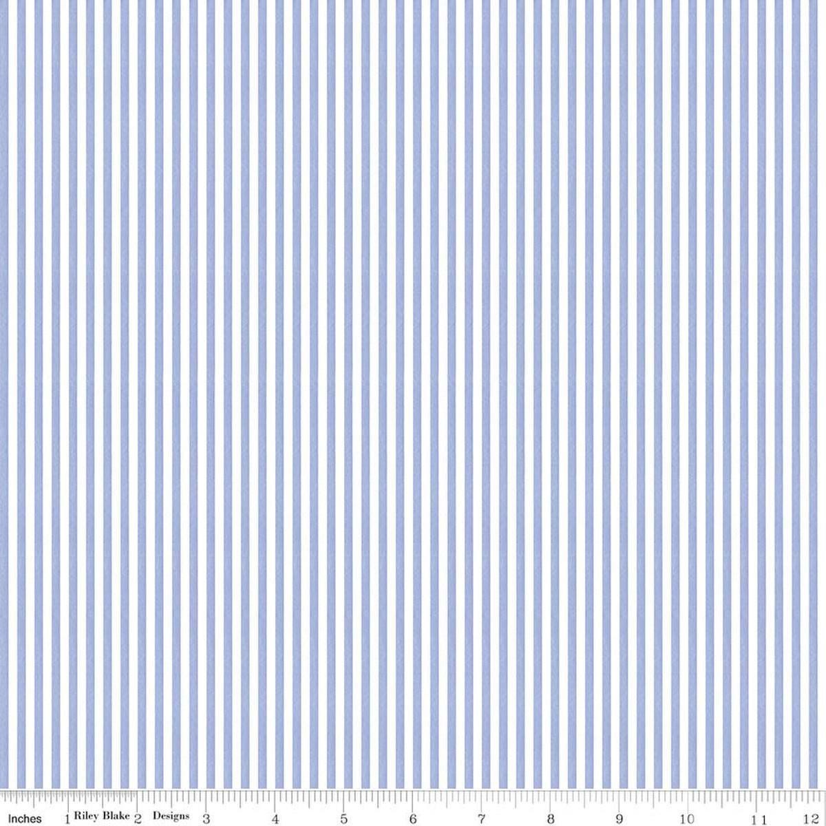 Image of Egg Hunt Stripes Periwinkle quilting cotton fabric by J. Wecker Frisch for Riley Blake Designs. Features stripes on a blue background. Cute Little Fabric Shop.