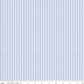 Image of Egg Hunt Stripes Periwinkle quilting cotton fabric by J. Wecker Frisch for Riley Blake Designs. Features stripes on a blue background. Cute Little Fabric Shop.