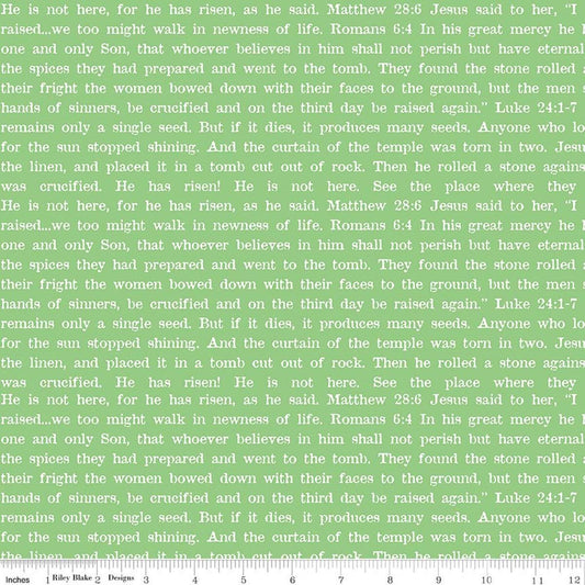 Image of Egg Hunt Empty Tomb Text Green quilting cotton fabric by J. Wecker Frisch for Riley Blake Designs. Features words on a green background. Cute Little Fabric Shop.