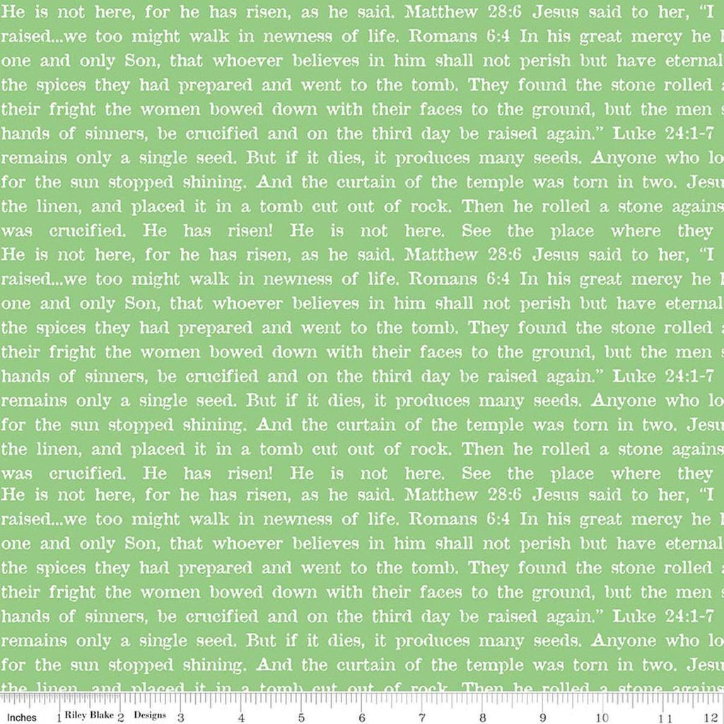 Image of Egg Hunt Empty Tomb Text Green quilting cotton fabric by J. Wecker Frisch for Riley Blake Designs. Features words on a green background. Cute Little Fabric Shop.