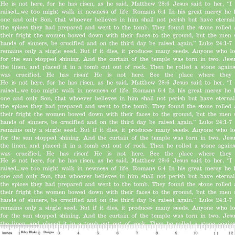 Image of Egg Hunt Empty Tomb Text Green quilting cotton fabric by J. Wecker Frisch for Riley Blake Designs. Features words on a green background. Cute Little Fabric Shop.