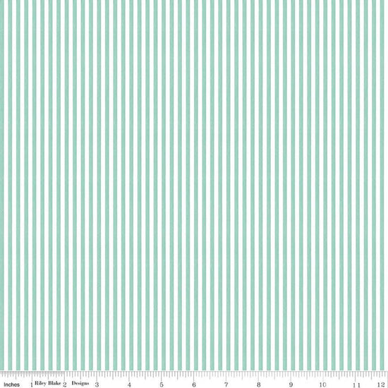 Image of Egg Hunt Stripes Aqua quilting cotton fabric by J. Wecker Frisch for Riley Blake Designs. Features stripes on a blue background. Cute Little Fabric Shop.
