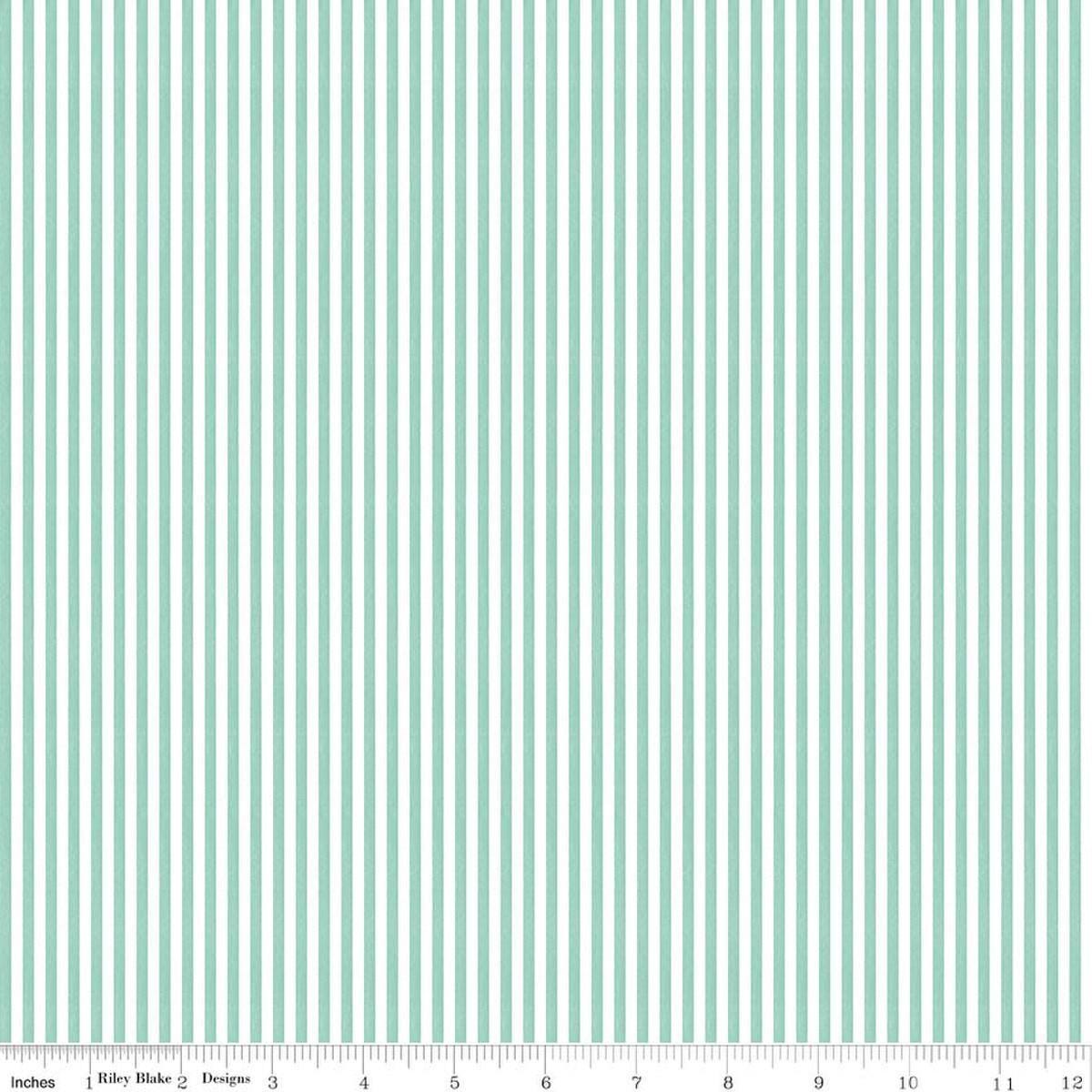 Image of Egg Hunt Stripes Aqua quilting cotton fabric by J. Wecker Frisch for Riley Blake Designs. Features stripes on a blue background. Cute Little Fabric Shop.