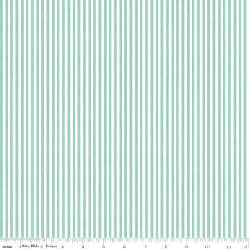 Image of Egg Hunt Stripes Aqua quilting cotton fabric by J. Wecker Frisch for Riley Blake Designs. Features stripes on a blue background. Cute Little Fabric Shop.