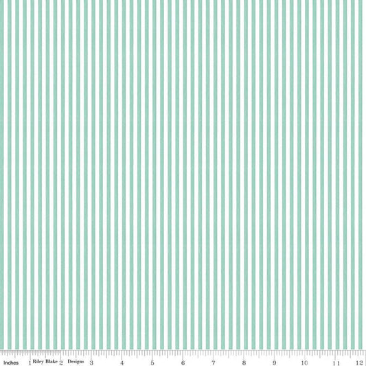 Image of Egg Hunt Stripes Aqua quilting cotton fabric by J. Wecker Frisch for Riley Blake Designs. Features stripes on a blue background. Cute Little Fabric Shop.