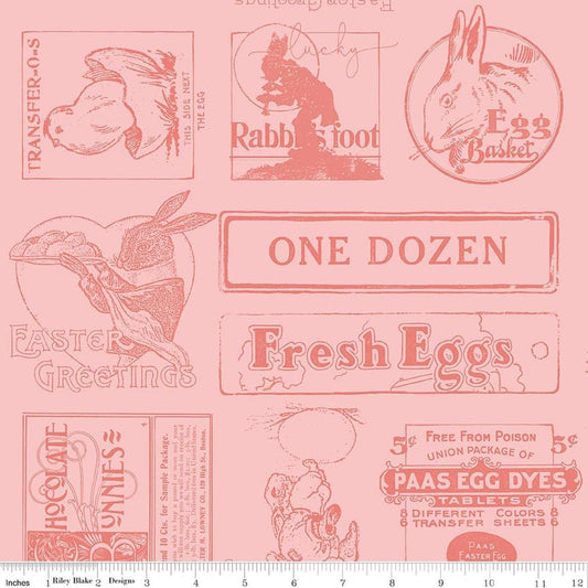 Image of Egg Hunt Easter Ads Pink quilting cotton fabric by J. Wecker Frisch for Riley Blake Designs. Features words on a pink background. Cute Little Fabric Shop.