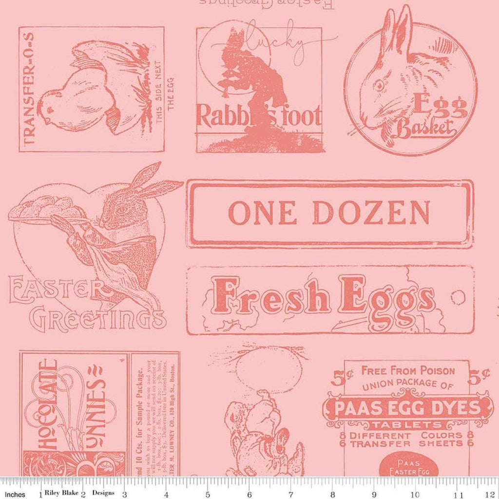 Image of Egg Hunt Easter Ads Pink quilting cotton fabric by J. Wecker Frisch for Riley Blake Designs. Features words on a pink background. Cute Little Fabric Shop.