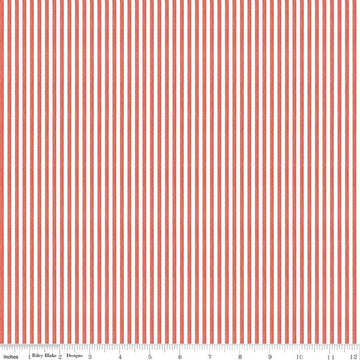Image of Egg Hunt Stripes Red quilting cotton fabric by J. Wecker Frisch for Riley Blake Designs. Features stripes on a red background. Cute Little Fabric Shop.