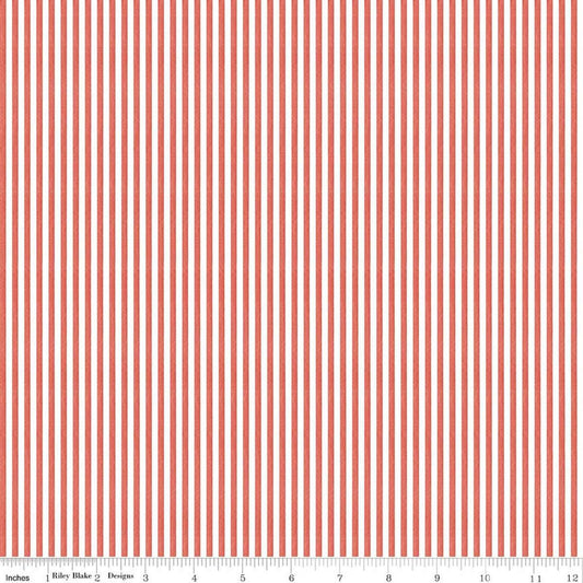 Image of Egg Hunt Stripes Red quilting cotton fabric by J. Wecker Frisch for Riley Blake Designs. Features stripes on a red background. Cute Little Fabric Shop.