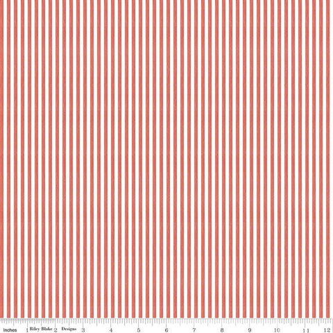 Image of Egg Hunt Stripes Red quilting cotton fabric by J. Wecker Frisch for Riley Blake Designs. Features stripes on a red background. Cute Little Fabric Shop.