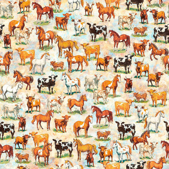 Image of Yippie Ki Yay! Cows & Horses Tan quilting cotton fabric by Morris Creative Group for QT Fabrics. Features animals on a cream background. Cute Little Fabric Shop.