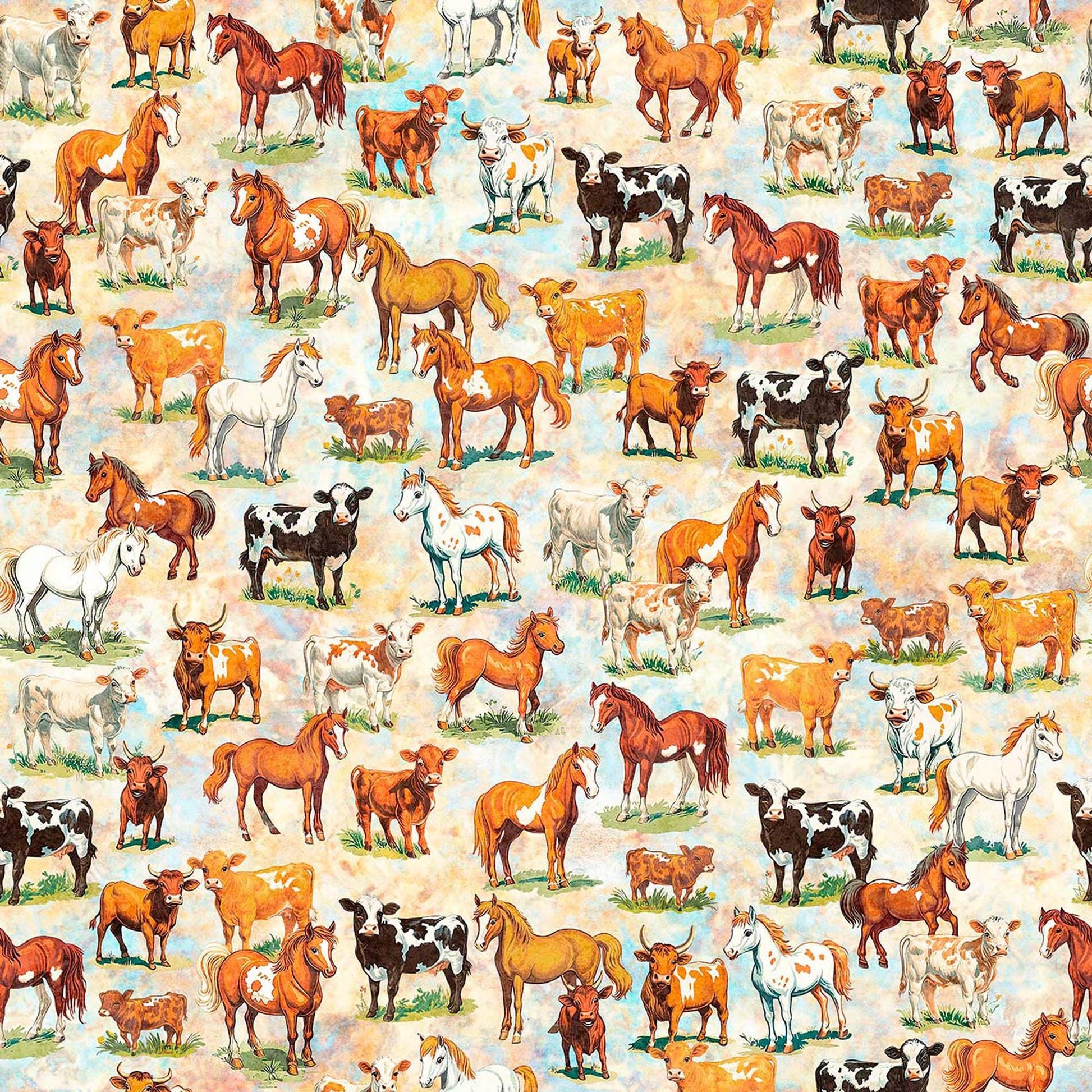 Image of Yippie Ki Yay! Cows & Horses Tan quilting cotton fabric by Morris Creative Group for QT Fabrics. Features animals on a cream background. Cute Little Fabric Shop.