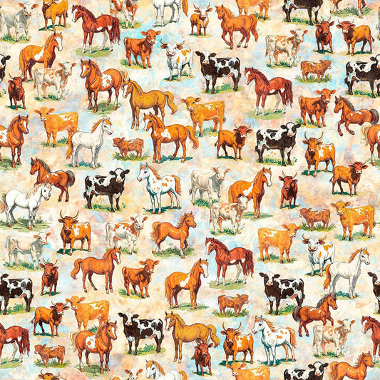 Image of Yippie Ki Yay! Cows & Horses Tan quilting cotton fabric by Morris Creative Group for QT Fabrics. Features animals on a cream background. Cute Little Fabric Shop.