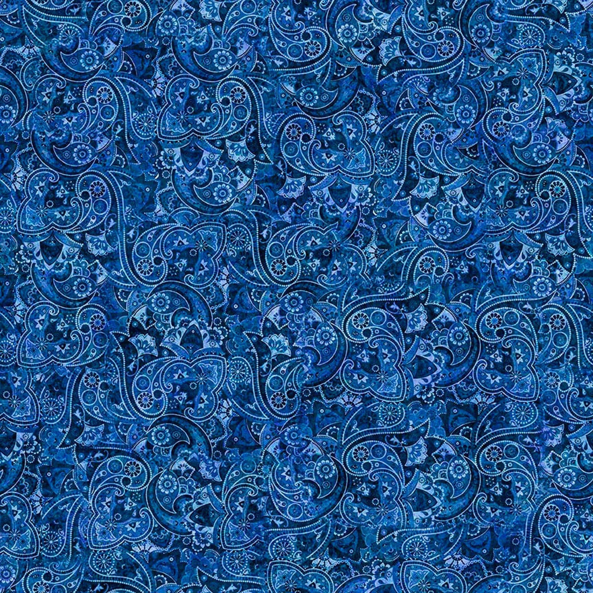 Image of Yippie Ki Yay! Bandana Paisley Denim quilting cotton fabric by Morris Creative Group for QT Fabrics. Features paisley on a blue background. Cute Little Fabric Shop.