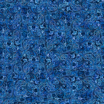 Image of Yippie Ki Yay! Bandana Paisley Denim quilting cotton fabric by Morris Creative Group for QT Fabrics. Features paisley on a blue background. Cute Little Fabric Shop.