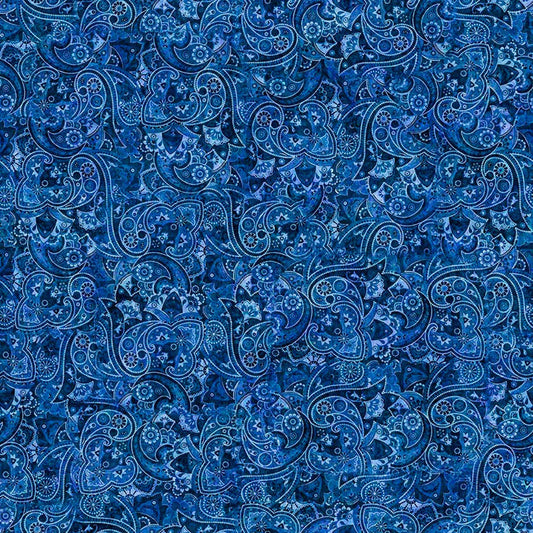 Image of Yippie Ki Yay! Bandana Paisley Denim quilting cotton fabric by Morris Creative Group for QT Fabrics. Features paisley on a blue background. Cute Little Fabric Shop.