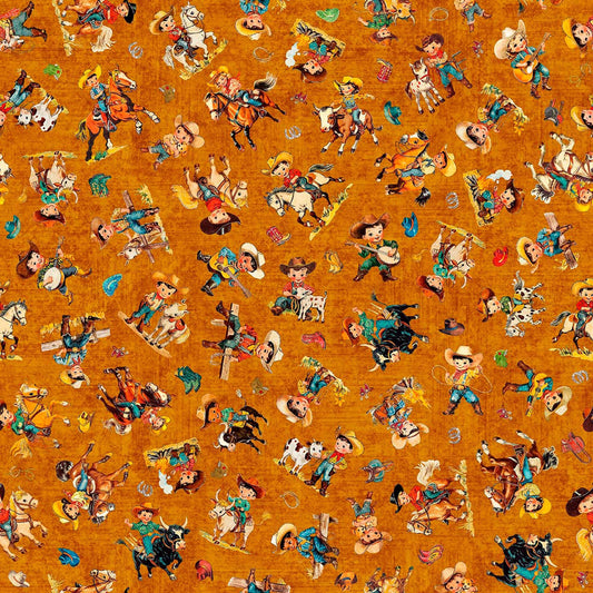 Image of Yippie Ki Yay! Cowboy/Cowgirl Toss Pumpkin quilting cotton fabric by Morris Creative Group for QT Fabrics. Features cowboys on an orange background. Cute Little Fabric Shop.