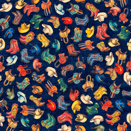 Image of Yippie Ki Yay! Boots & Hats Navy quilting cotton fabric by Morris Creative Group for QT Fabrics. Features cowboy accessories on a blue background. Cute Little Fabric Shop.