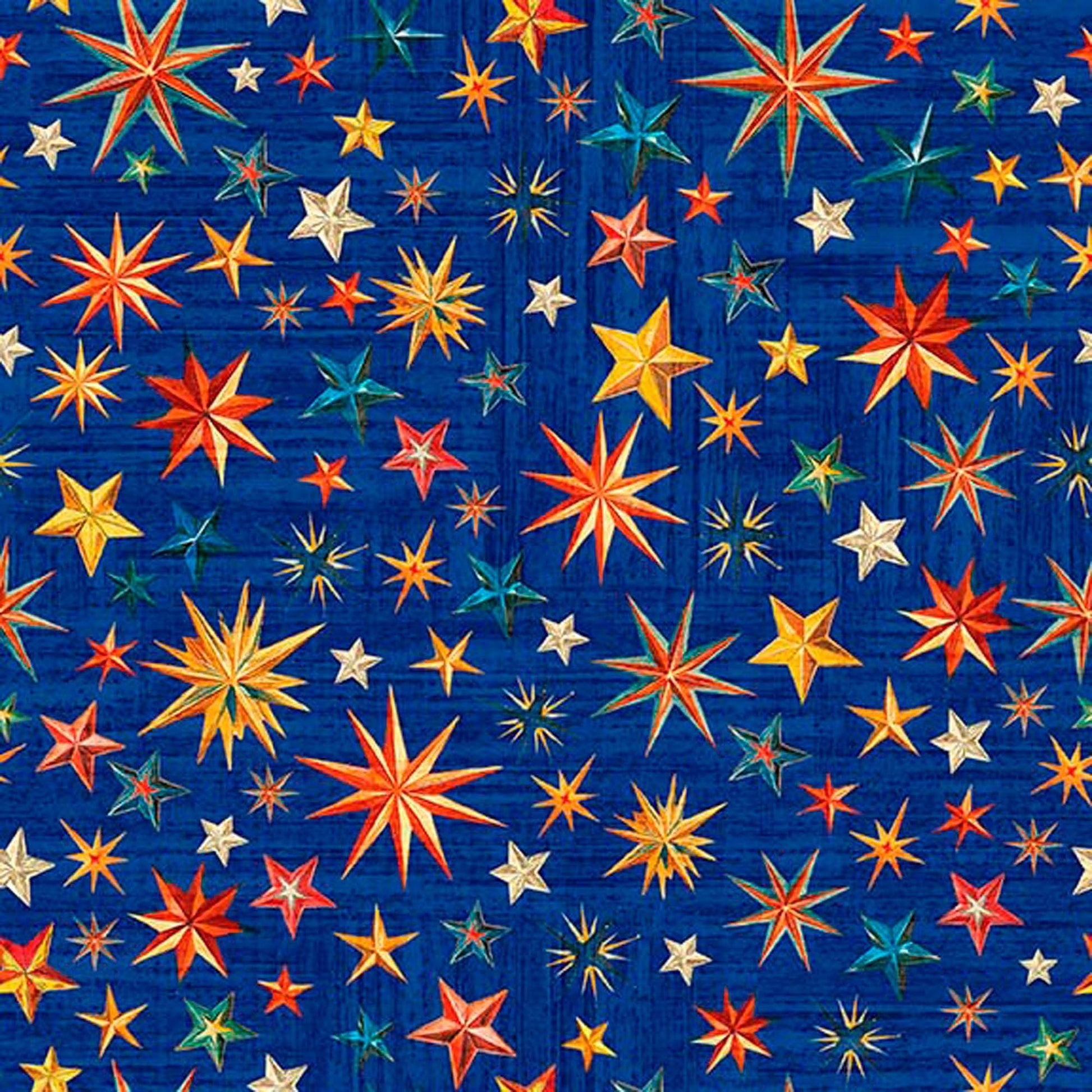 Image of Yippie Ki Yay! Stars Royal quilting cotton fabric by Morris Creative Group for QT Fabrics. Features stars on a blue background. Cute Little Fabric Shop.
