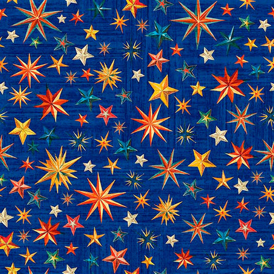 Image of Yippie Ki Yay! Stars Royal quilting cotton fabric by Morris Creative Group for QT Fabrics. Features stars on a blue background. Cute Little Fabric Shop.