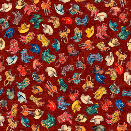 Image of Yippie Ki Yay! Boots & Hats Brick quilting cotton fabric by Morris Creative Group for QT Fabrics. Features cowboy accessories on a red background. Cute Little Fabric Shop.