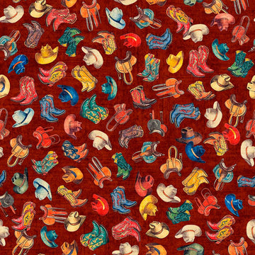 Image of Yippie Ki Yay! Boots & Hats Brick quilting cotton fabric by Morris Creative Group for QT Fabrics. Features cowboy accessories on a red background. Cute Little Fabric Shop.