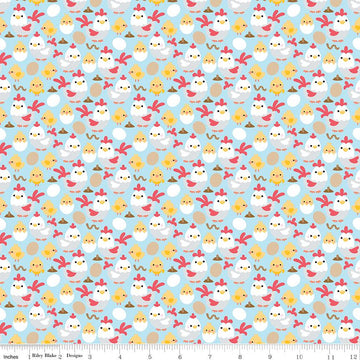 Fat Quarter End of Bolt - SALE Down on the Farm Chickens C10074 Blue -Riley Blake - Children's Juvenile Chickens Eggs Worms -Quilting Cotton