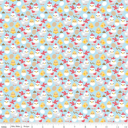 Fat Quarter End of Bolt - SALE Down on the Farm Chickens C10074 Blue -Riley Blake - Children's Juvenile Chickens Eggs Worms -Quilting Cotton