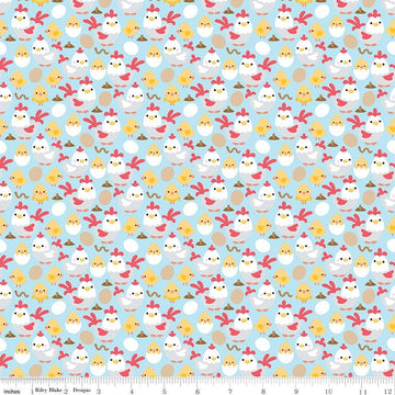 29" End of Bolt - SALE Down on the Farm Chickens C10074 Blue - Riley Blake - Children's Juvenile Chickens Chicks Eggs Worms -Quilting Cotton