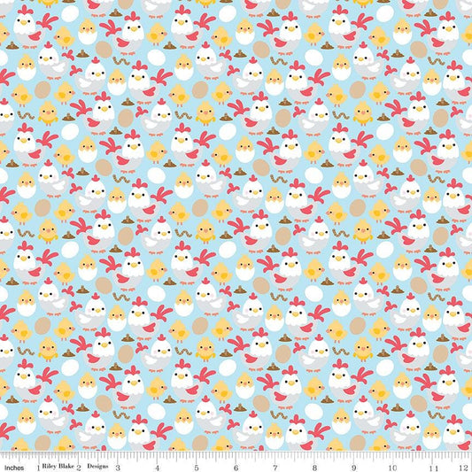 29" End of Bolt - SALE Down on the Farm Chickens C10074 Blue - Riley Blake - Children's Juvenile Chickens Chicks Eggs Worms -Quilting Cotton