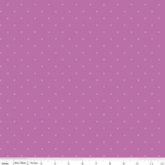 Bee Cross Stitch C745 Plum - Riley Blake Designs - Cloud Off-White Xs on Purple Geometric - Lori Holt - Quilting Cotton Fabric