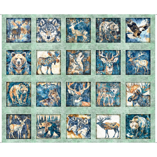 SALE Mountain Splendor Lodge Animals Picture Patches Panel 31581 Sage H - QT Fabrics - Nature Animals Forest - Quilting Cotton Fabric