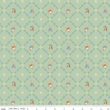 Image of Peter Rabbit and Benjamin Bunny Lattice Green licensed quilting cotton fabric by the RBD Designers for Riley Blake Designs. Features lattice on a green background. Cute Little Fabric Shop