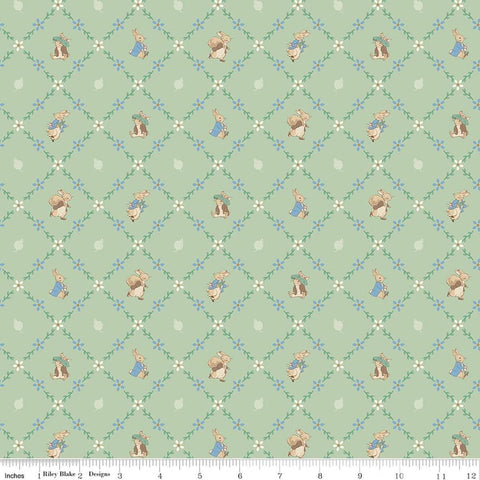 Image of Peter Rabbit and Benjamin Bunny Lattice Green licensed quilting cotton fabric by the RBD Designers for Riley Blake Designs. Features lattice on a green background. Cute Little Fabric Shop