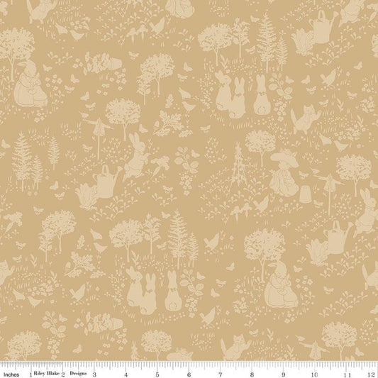 Image of Peter Rabbit and Benjamin Bunny Tonal Garden Tan licensed quilting cotton fabric by the RBD Designers for Riley Blake Designs. Features plants and bunnies on a brown background. Cute Little Fabric Shop