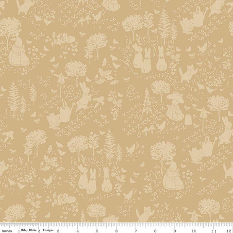 Image of Peter Rabbit and Benjamin Bunny Tonal Garden Tan licensed quilting cotton fabric by the RBD Designers for Riley Blake Designs. Features plants and bunnies on a brown background. Cute Little Fabric Shop