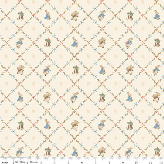 Image of Peter Rabbit and Benjamin Bunny Lattice Cream licensed quilting cotton fabric by the RBD Designers for Riley Blake Designs. Features lattice on a cream background. Cute Little Fabric Shop