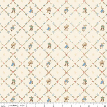 Image of Peter Rabbit and Benjamin Bunny Lattice Cream licensed quilting cotton fabric by the RBD Designers for Riley Blake Designs. Features lattice on a cream background. Cute Little Fabric Shop