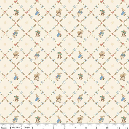 Image of Peter Rabbit and Benjamin Bunny Lattice Cream licensed quilting cotton fabric by the RBD Designers for Riley Blake Designs. Features lattice on a cream background. Cute Little Fabric Shop