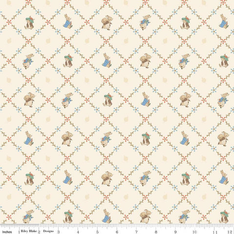 Image of Peter Rabbit and Benjamin Bunny Lattice Cream licensed quilting cotton fabric by the RBD Designers for Riley Blake Designs. Features lattice on a cream background. Cute Little Fabric Shop