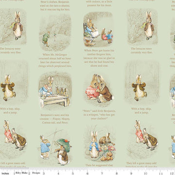 Image of Peter Rabbit and Benjamin Bunny Story Time Green licensed quilting cotton fabric by the RBD Designers for Riley Blake Designs. Features storybook pages on a green background. Cute Little Fabric Shop