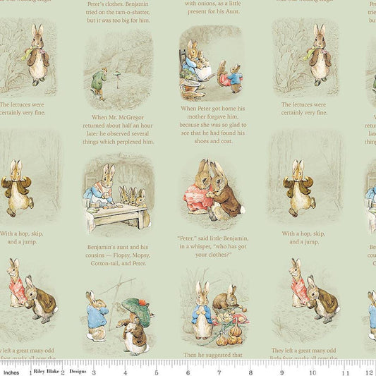 Image of Peter Rabbit and Benjamin Bunny Story Time Green licensed quilting cotton fabric by the RBD Designers for Riley Blake Designs. Features storybook pages on a green background. Cute Little Fabric Shop