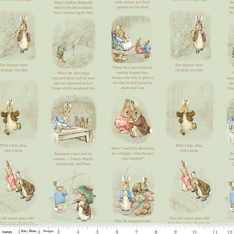 Image of Peter Rabbit and Benjamin Bunny Story Time Green licensed quilting cotton fabric by the RBD Designers for Riley Blake Designs. Features storybook pages on a green background. Cute Little Fabric Shop