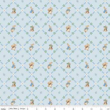 Image of Peter Rabbit and Benjamin Bunny Lattice Blue licensed quilting cotton fabric by the RBD Designers for Riley Blake Designs. Features lattice on a blue background. Cute Little Fabric Shop