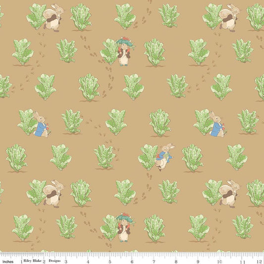 Image of Peter Rabbit and Benjamin Bunny Lettuce Patch Tan licensed quilting cotton fabric by the RBD Designers for Riley Blake Designs. Features lettuce on a brown background. Cute Little Fabric Shop