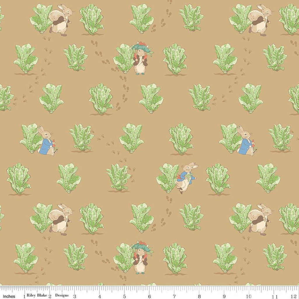 Image of Peter Rabbit and Benjamin Bunny Lettuce Patch Tan licensed quilting cotton fabric by the RBD Designers for Riley Blake Designs. Features lettuce on a brown background. Cute Little Fabric Shop